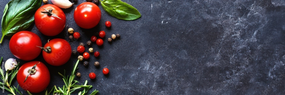 Aufkleber Fresh tomatoes and herbs arranged on a dark surface for culinary inspiration and recipe creation in a kitchen setting. Generative AI