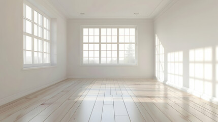 Obraz premium Bright, modern empty room with wooden floor, large windows, and soft natural light