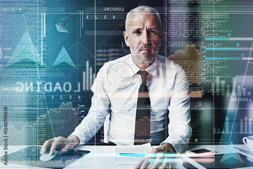 Aufkleber Businessman, hologram and overlay with code, reading and programming with user experience on system at office. Mature person, developer and review for graphs, process and futuristic ui at IT company