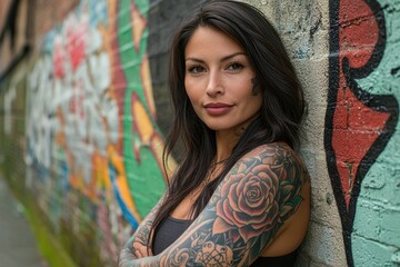 Naklejka premium Edgy Woman with Full Sleeve Tattoos A striking woman with long, dark hair revealing a detailed full sleeve tattoo