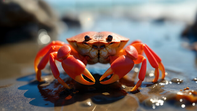 A Stunning Close-Up of a Sally Lightfoot Crab in its Natural Habitat with Vibrant Colors and Ocean Background