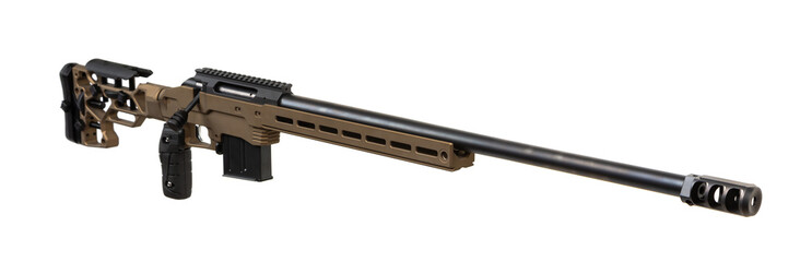 A modern rifle with a tan frame, black barrel, and adjustable stock, ideal for precision long-range...