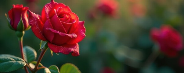 Obraz premium red valentine rose drops gently, surrounded by morning dew, botanical, flowers, love