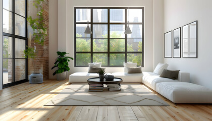 Fototapeta premium Modern living room with large windows, cozy seating, and urban backdrop, showcasing natural light