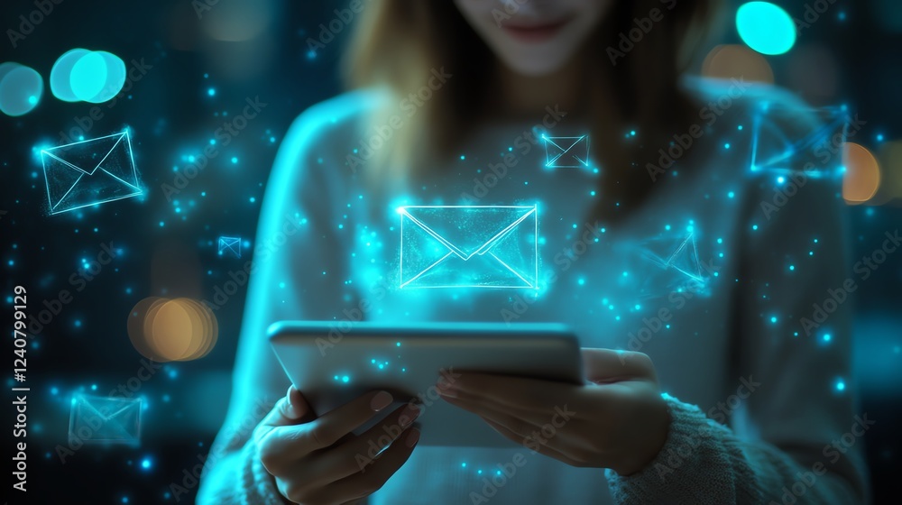 Poster businesswoman managing email security with a tablet displaying an email warning icon, symbolizing pr