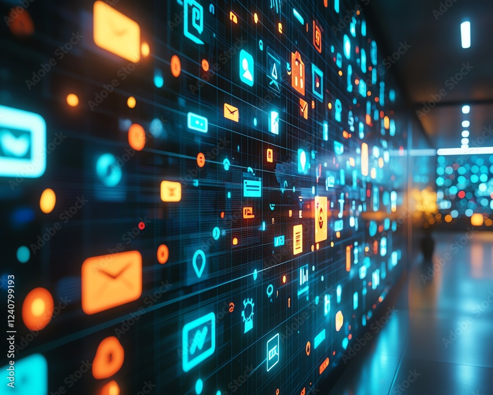 Aufkleber digital illustration of social network communication concept with icons on a futuristic interface, s