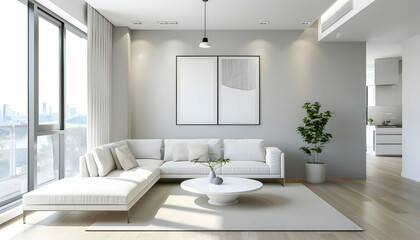 Modern living room with minimalist design, large windows, and a cozy atmosphere, showcasing greenery