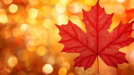 Fototapeta premium Red Maple Leaf with Gold Bokeh Background