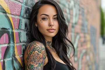 Naklejka premium Edgy Woman with Full Sleeve Tattoos A striking woman with long, dark hair revealing a detailed full sleeve tattoo