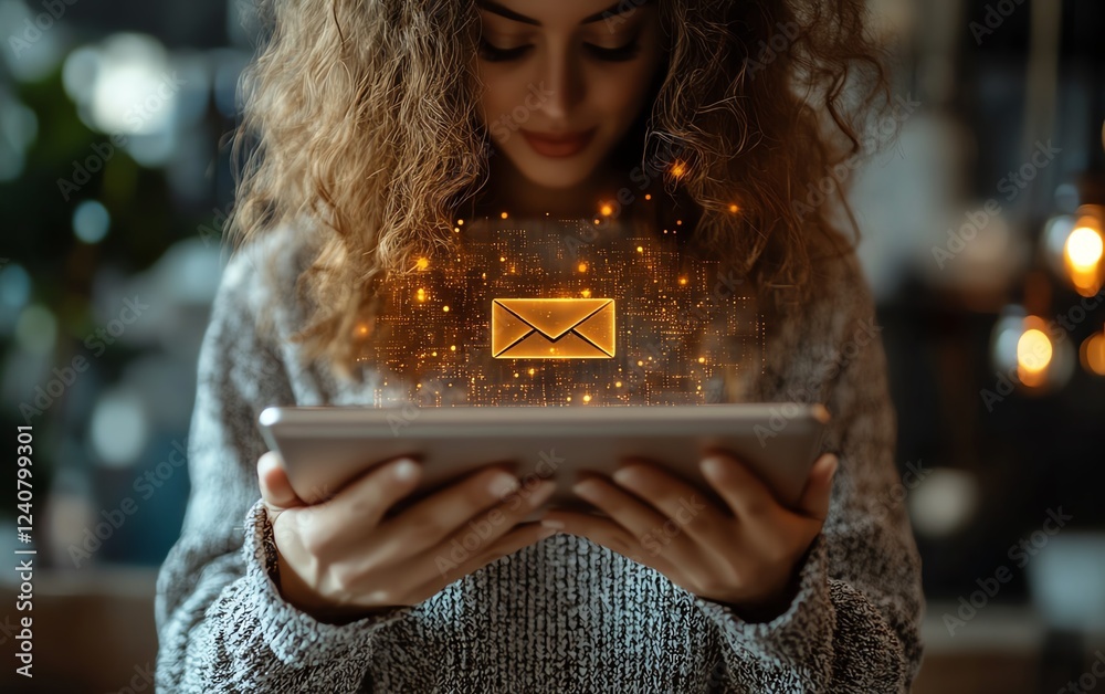 Poster businesswoman engaging with a tablet screen showing an email warning icon, representing the importan