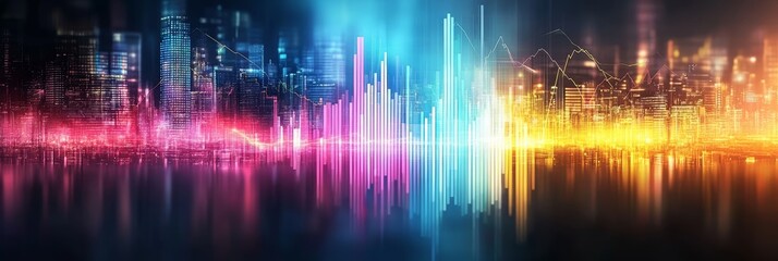 Vibrant City Skyline with Abstract Chart and Graph Overlay, Financial and Business Success Concept