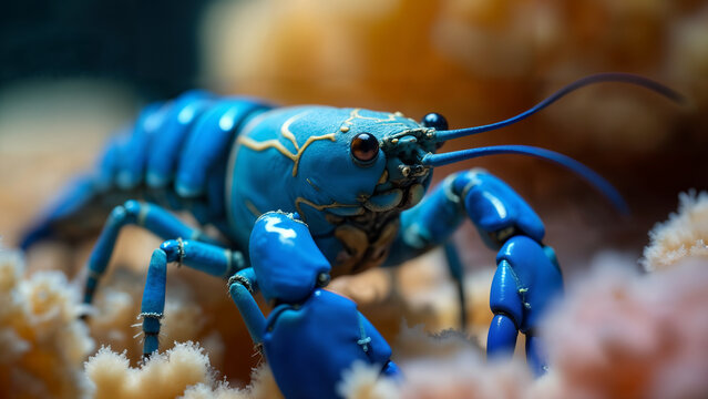 Stunning Close-Up of the Electric Blue Lobster (Cherax destructor) Amidst a Colorful Coral Reef