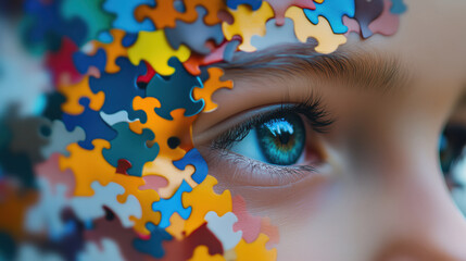 Child with autism and colorful puzzle pieces symbolize global awareness and acceptance of autism. World Autism Day