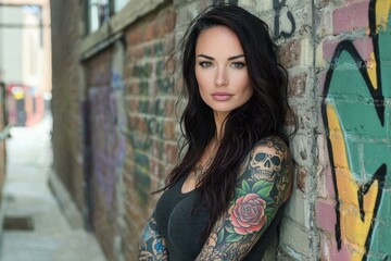 Naklejka premium Edgy Woman with Full Sleeve Tattoos A striking woman with long, dark hair revealing a detailed full sleeve tattoo