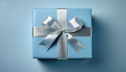 a light blue gift box with a silver ribbon
