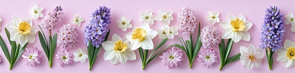 Naklejka premium Spring Floral Panorama, Pastel Pink Backdrop with Delicate White Daffodils, and Purple Hyacin