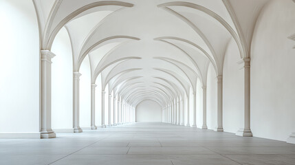 Fototapeta premium White background with arches and columns, creating an elegant and minimalist interior design. The perspective is from the ground looking up at tall white walls, with soft lighting casting gentle 