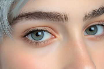 Obraz premium Close-up of a Person's Eye with Gray-Blue Iris, Long Lashes, and Shaped Brows: Beauty, Cosmetics, and Skincare.