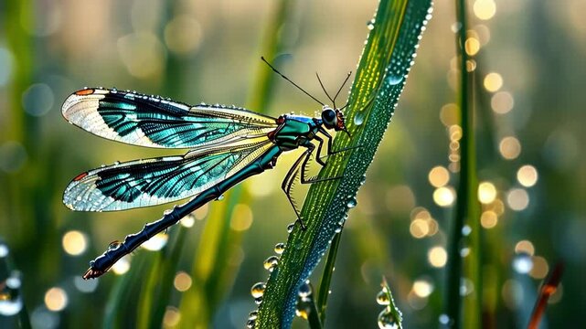 A vibrant dragonfly perched on a dew-covered leaf in soft sunlight.