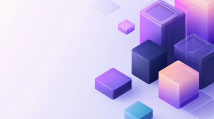 A modern digital design featuring 3D geometric shapes in vibrant purple and blue hues against a light background.
