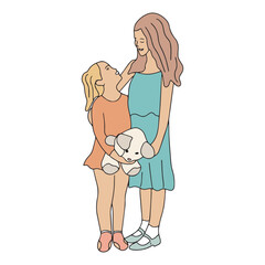 Two happy smiling sisters hugging each other. Hand drawn girls. Colored vector illustration in doodle style on white background. Vector