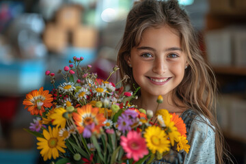 Naklejka premium A young girl beams with joy as she presents a colorful bouquet of flowers to her teacher, celebrating a special moment during an art class in a bright classroom filled with supplies.
