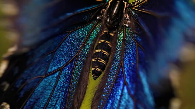 Macro of Morpho butterfly waving shimmering iridescent blue wings. Biodiversity, insect anatomy, and entomology