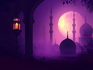 Fototapeta premium Purple abstract arabic background for ramadan holiday. Neural network AI generated art