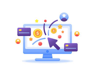 pay per click concept. online advertising where advertisers pay each time their ad is clicked. click to win prize. illustration of a computer monitor with cursor, coins and debit card. flat style 