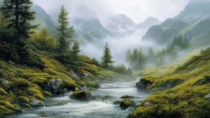 Misty Mountain River Landscape