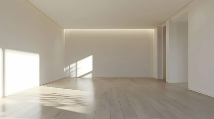 Bright and minimalistic interior of a modern empty room with wooden flooring and soft shadows
