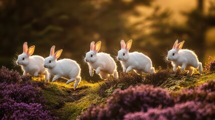 Five playful white rabbits hopping through a vibrant meadow during golden hour