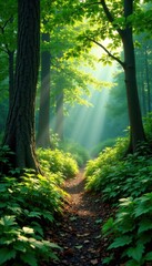 Obraz premium Sunlight dappled forest floor, vibrant green foliage, woodland, environment, flora