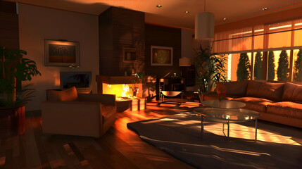 Cozy living room with warm lighting, modern furniture, and a fireplace, showcasing a serene atmosphere