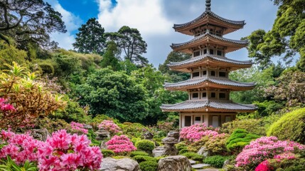 Fototapeta premium Japanese Pagoda Amidst Blooming Azaleas in a Lush Garden