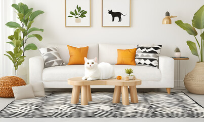 A bright, modern living room featuring a white sofa, colorful cushions, a cat, wooden tables, and stylish decor.