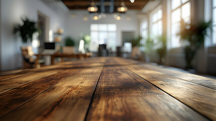 Rustic Wooden Tabletop Dark Brown Office Desk, Blurred Background for Modern Workspace.