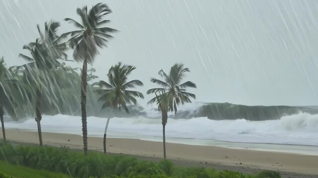Tropical beach storm with dramatic waves and palms