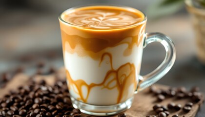 Delicious Caramel Latte Coffee Drink in Glass Mug