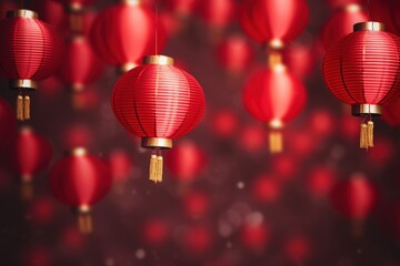 Fototapeta premium Vibrant Red Chinese Lanterns Hanging Against a Soft Red Background Creating a Festive Atmosphere for Celebrations and Events