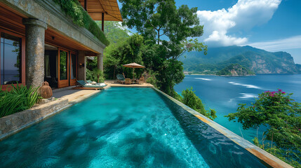 Obraz premium Cliffside Villa Resort Infinity Pool, Ocean View Tropical Paradise, Blue Water Luxury.