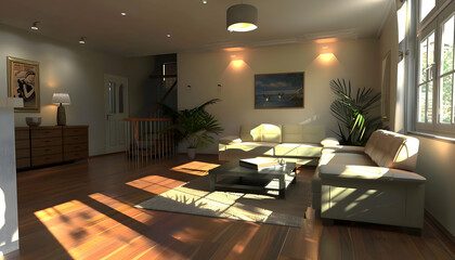 Modern living room interior with sunlight streaming through windows, showcasing elegant furniture and decor