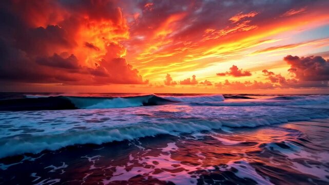 Stunning vibrant sunset over ocean waves with dramatic clouds and colorful sky
