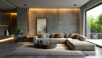 Fototapeta premium Modern living room with a stylish sofa, minimalist decor, and large windows overlooking greenery
