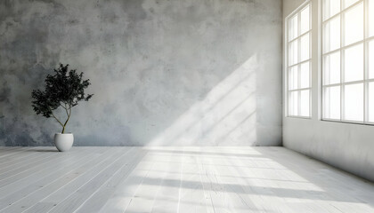 Fototapeta premium Bright, minimalistic interior with a potted plant and sunlight streaming through large windows
