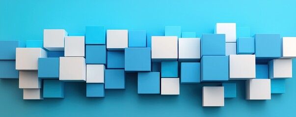 A vibrant arrangement of blue and white geometric cubes against a solid blue background, creating a modern and abstract aesthetic.