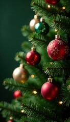 Fototapeta premium Close-up of richly decorated Christmas tree ornaments on a plush green background , festive, xmas texture, holiday season