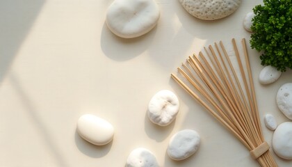 Zen stones and bamboo fan in calming interior
