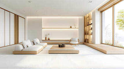 This modern living room interior features a comfortable sofa and contemporary design