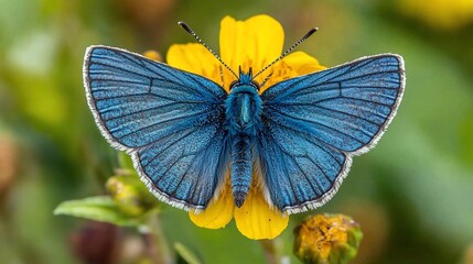 Fototapeta premium Vibrant blue butterfly perched on a yellow flower. (1)